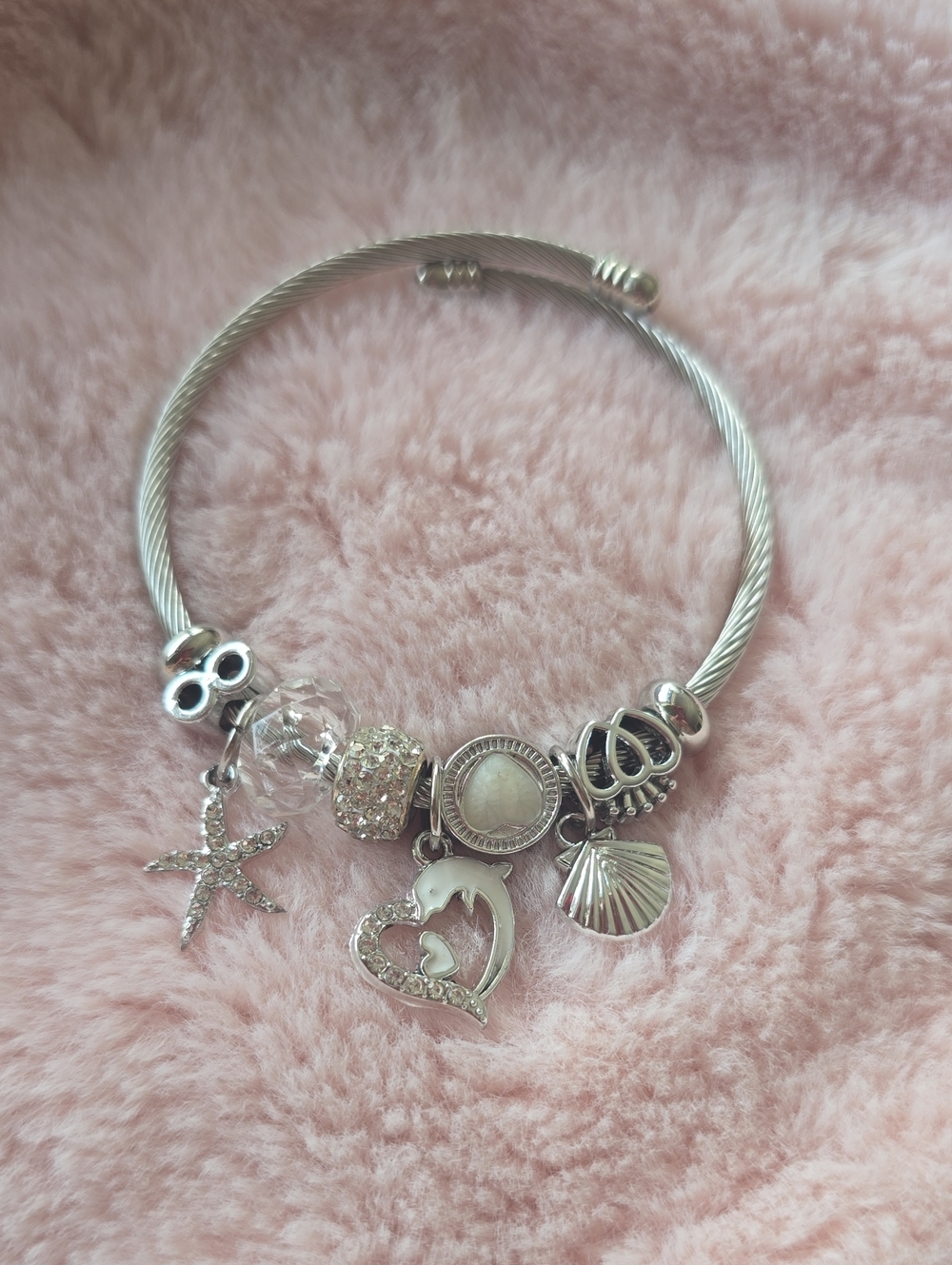 Silver Sea Charm Bracelet with Crystal and Shell Charms